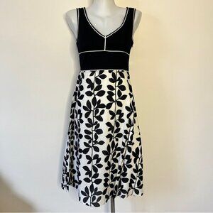 Chaudry KC Midi Dress Cream Black Floral 100% Cotton V Neck Lined Y2K 90s Sz  S